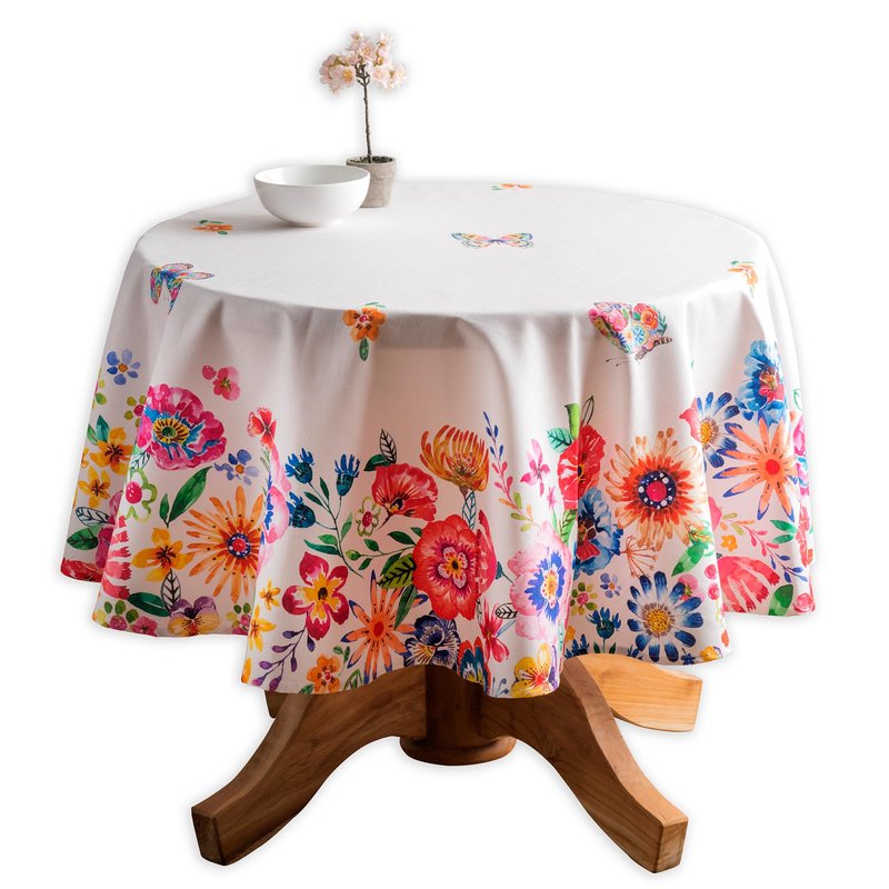 Maison d' Hermine Table Cloth Round Table 100% Cotton 63 Round Inches Tablecloth Reusable Decorative for Dining Kitchen Farmhouse Home Gifts for Mothers Day Spring Summer- Happy Florals -High Summer