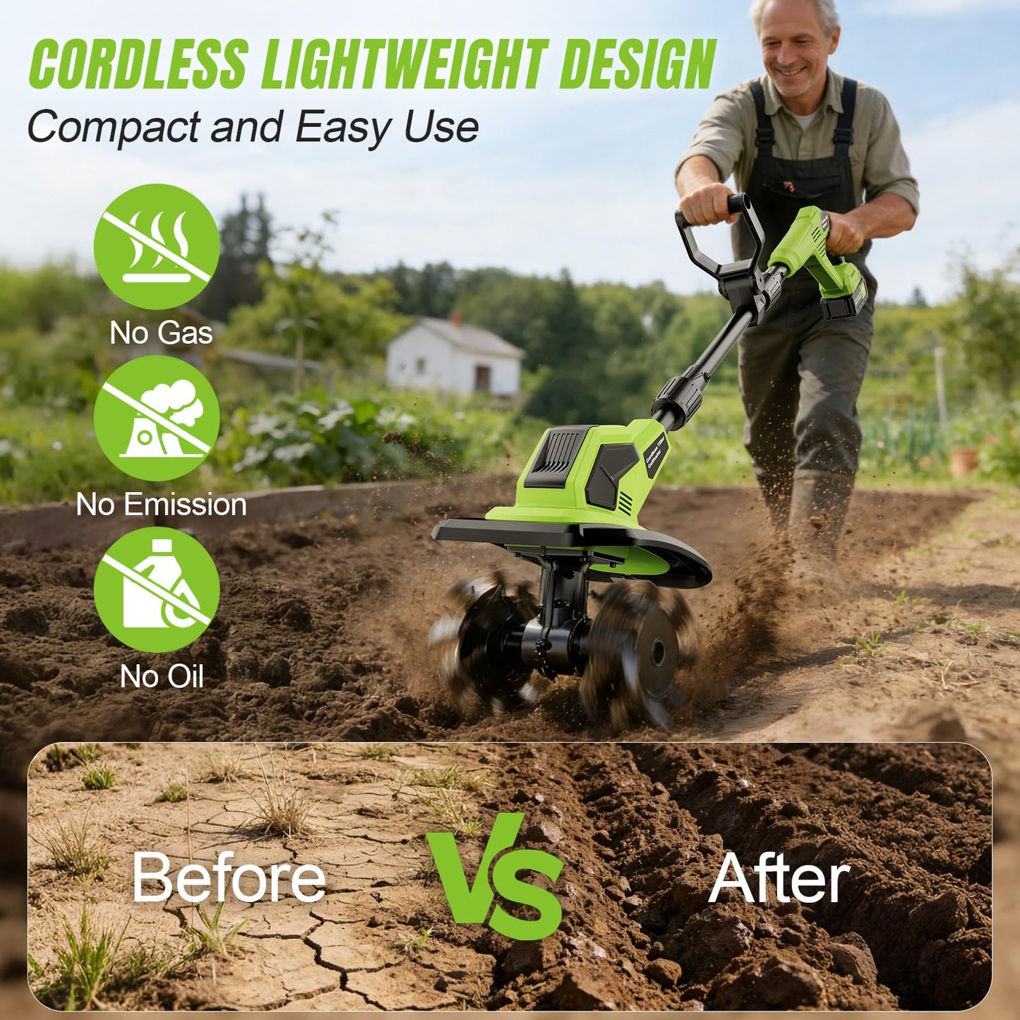 Brushless Cordlees Tiller Cultivator for Gardening, 6000mAh 20v Battery Powered Electric Garden Tiller Rototiller,9" Width 7" Depth,Lightweight Small SoilTiller for Cultivating/Lawn/Garden Tool