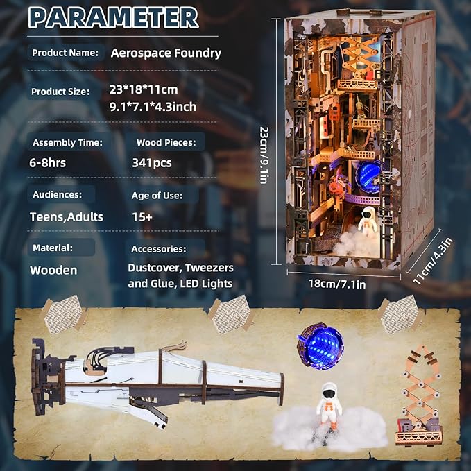Book Nook Kit DIY Doll House Booknook Miniature Kit for Bookshelf Doll Houses for Adults Teen Halloween 3D Wooden Puzzle Bookends with Led Light and Dust Cover (Aerospace Foundry)