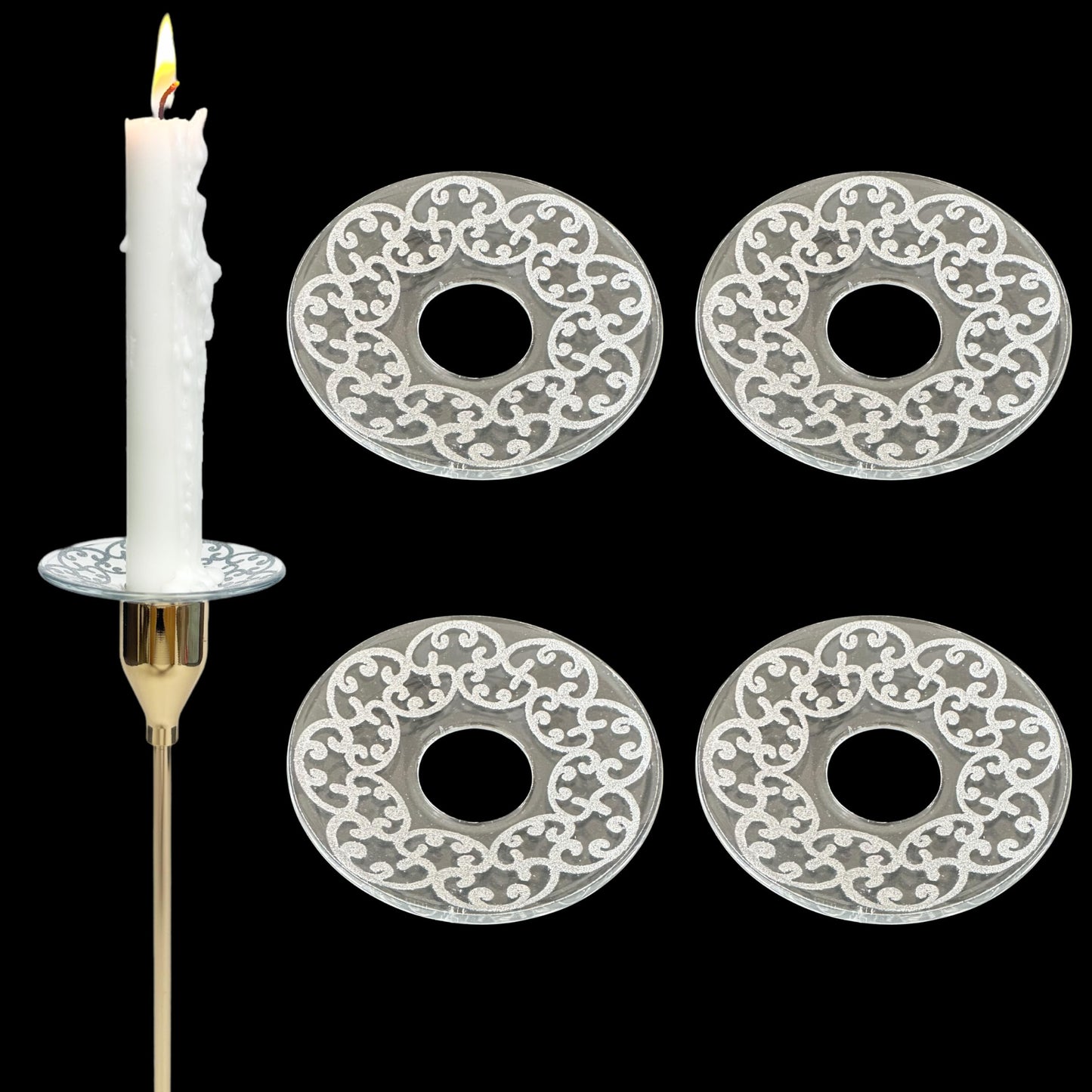 VGEUNA 4 Pieces Patterned Glass Bobeches for Candlestick Holder, Silver Glitter Design, Candle Drip Protector Guard, Wax Catcher Ring Accessories (Silver Glitter)
