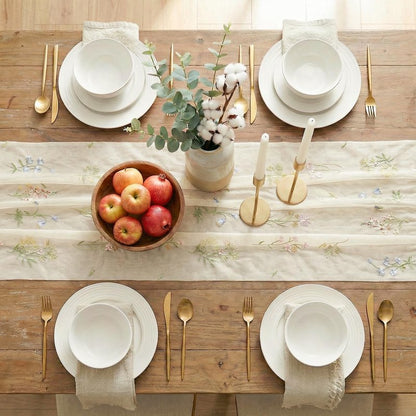 Artoid Mode Wildflower Floral Beige Apricot Gauze Embroidery Table Runner 120 Inch 10FT, Tulle Seasonal Spring Kitchen Dining Table Decor for Home Party