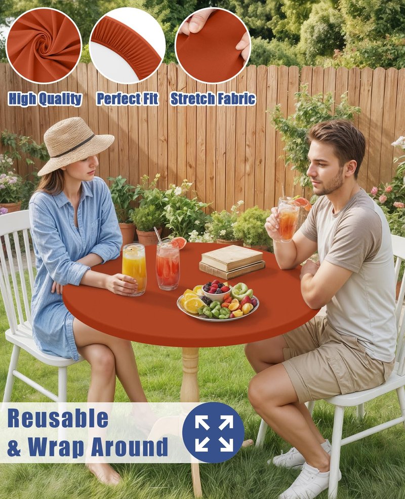 Moosfor Round Spandex Tablecloth, Elastic Fitted Waterproof Tablecloths for 31"-35" Tables, Stretch Washable Picnic Table Cover for Camping, Dining, Indoor and Outdoor, Rust