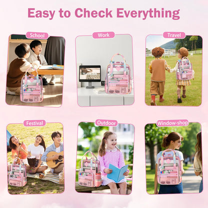 Rinooau Clear Backpack Heavy Duty, PVC Clear Bag for Stadium Events See Through Pink Bookbag, Transparent Backpack for Girls Women Kids Stadium Approved Clears Concert Bag for School Work Travel