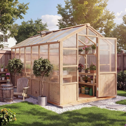 GarveeLife 8'x14' Wooden Greenhouse for Outdoor, Large Walk-in Greenhouse Kit with Ventilated Window, Door & Polycarbonate Panels, Heavy Duty Wood Frame Green House for Patio Garden Backyard
