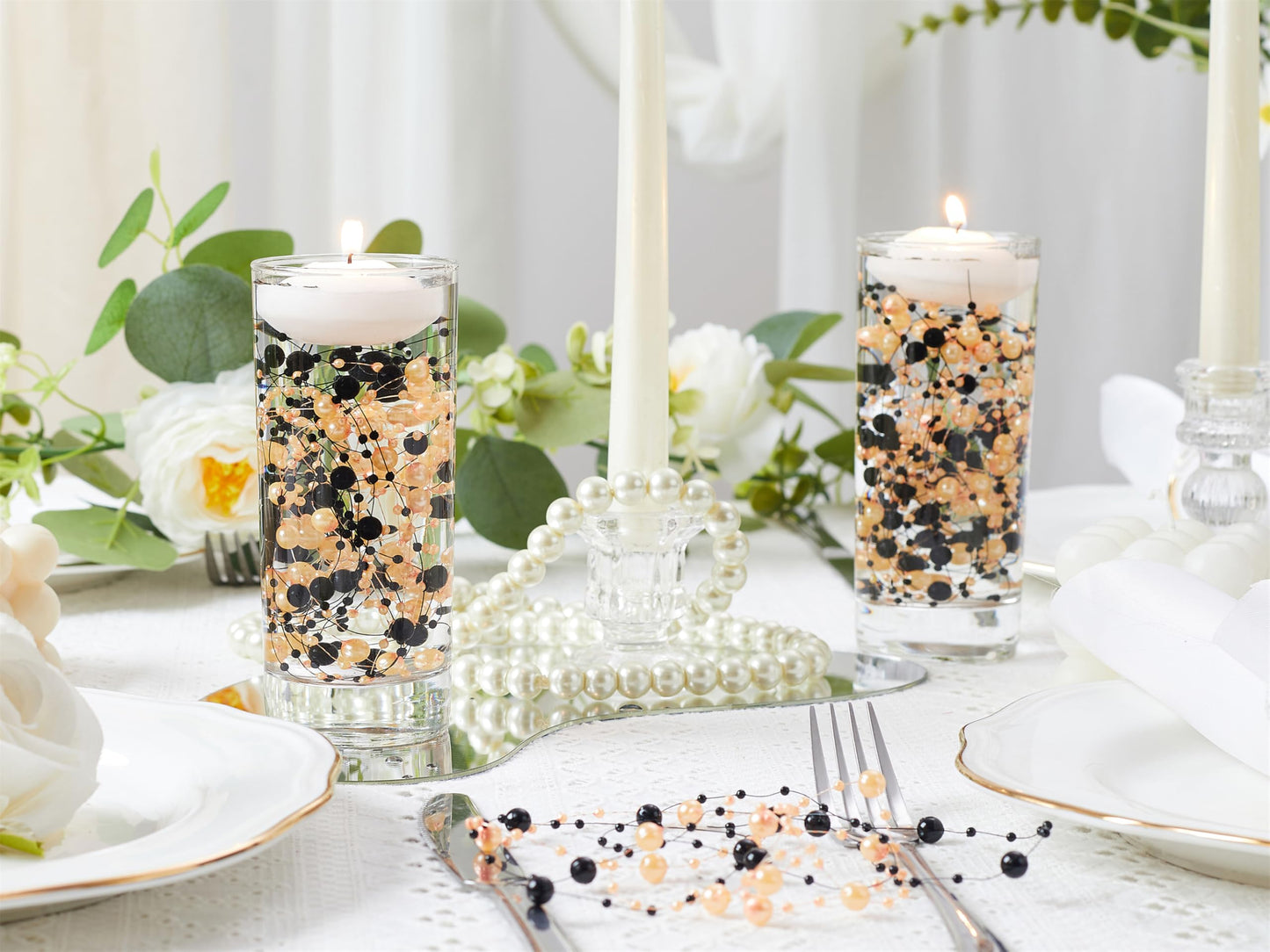 YATOJUZI 30 PCS Artificial Pearl String Orange and Black Vase Filler Floating Pearls for Vases Centerpieces Faux Pearl Beads String Decorations Holiday Halloween Party Decor