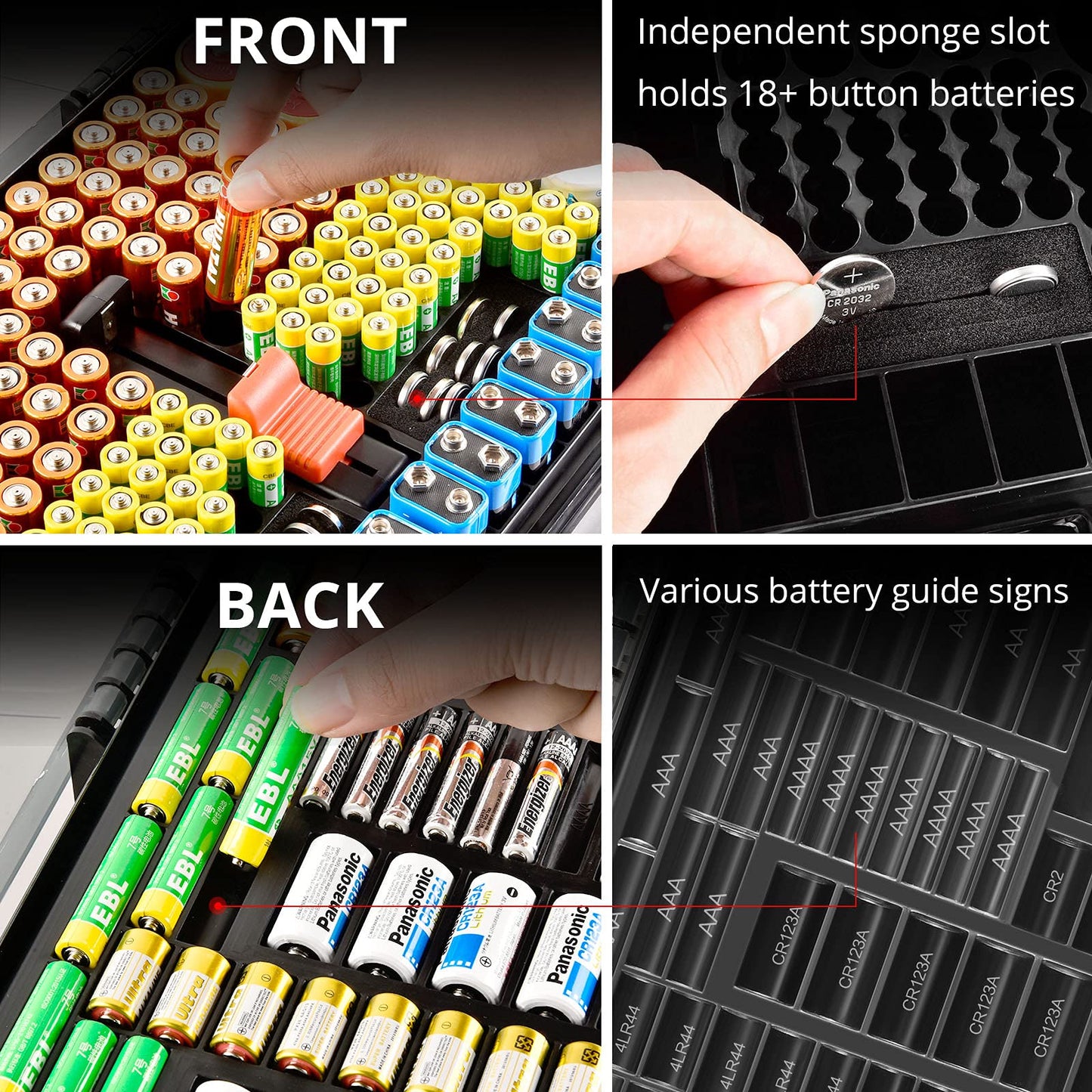 Aptbyte Battery Organizer Storage Holder Box Case with Tester- 269 Batteries Double-Sided Variety Pack, Holds AA AAA 4A C D Cell 9V 3V Lithium LR44 CR2 CR123 CR1632 18650 Button- Grey