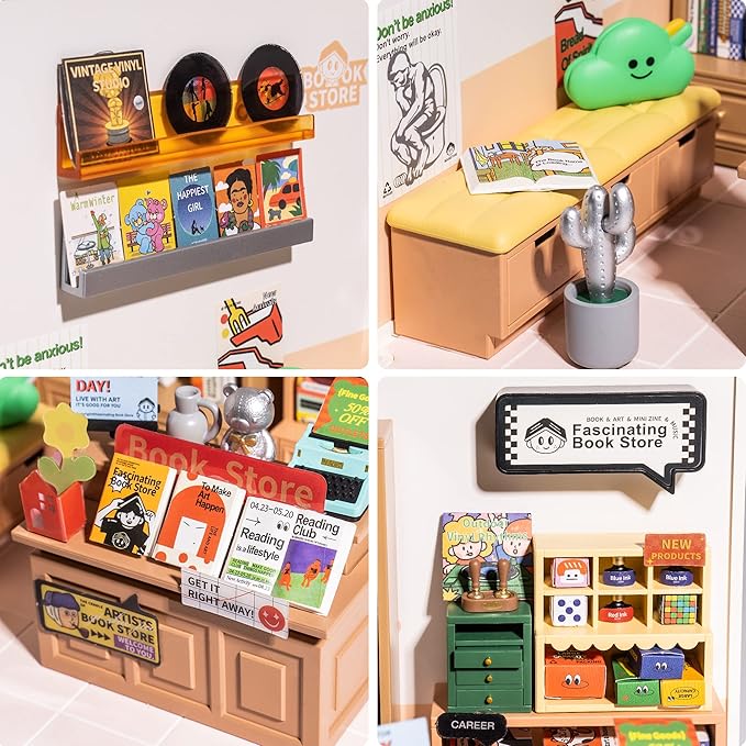 Rolife LED Building Blocks for Adults1:24 Toy Building SetsModel Building Kits for Kids Ages 8-12-15DIY Miniature Dollhouse Kits for AdultsHobbies for Women Men (3.Fascinating Book Store)