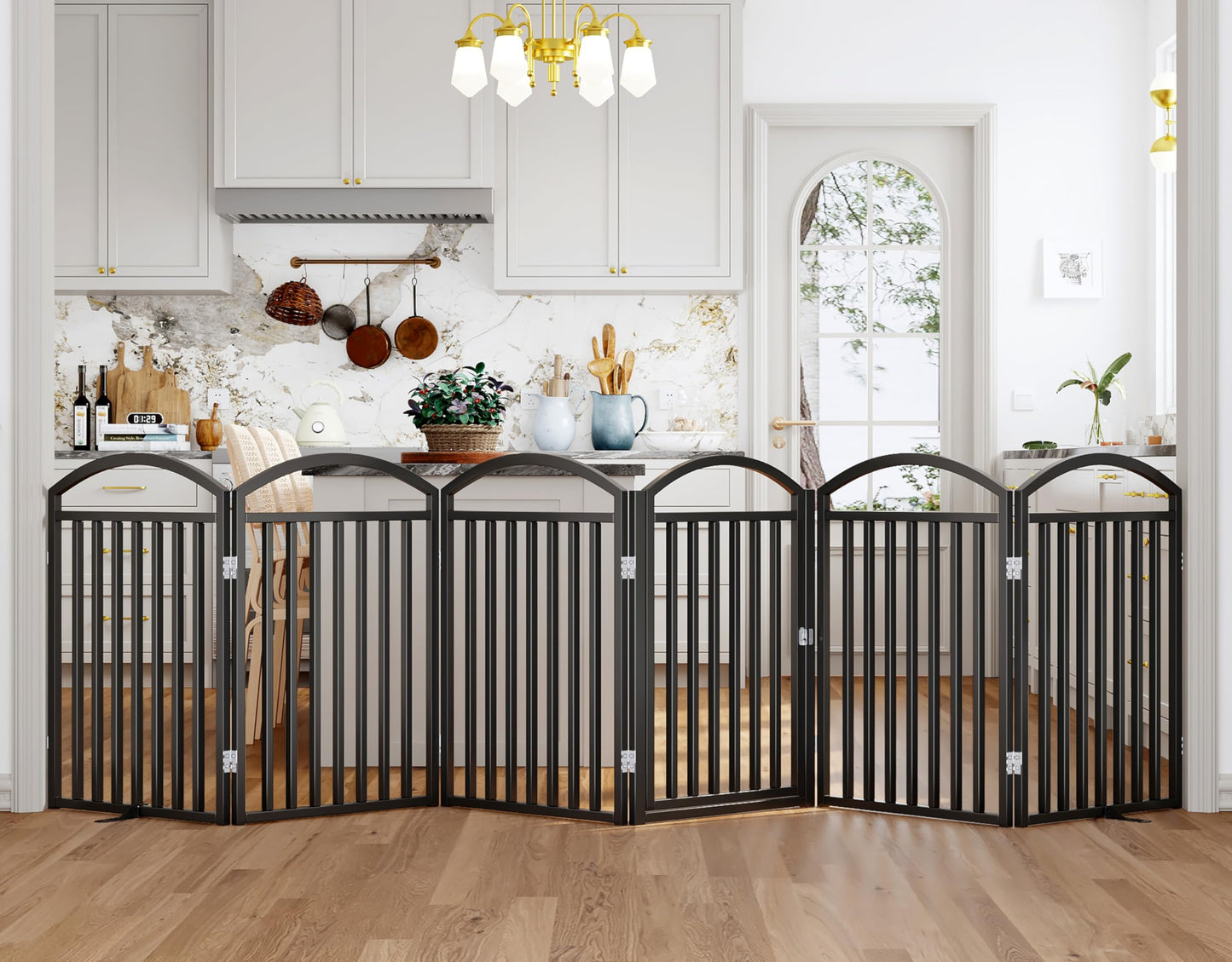 THKKY Folding No-Assembly Freestanding Dog Gate with Door,32" Heights Foldable Pet Fence,144" Extra Wide Accordion Puppy Folding Playpen for Doorways,House,Stairs (6 Panels,Black)