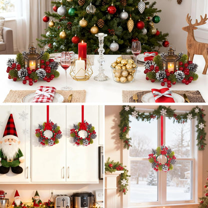 Regine Switzerland Christmas Candle Ring Set - 6 Pcs with Pine Cones, Red Berries & Green Leaves for Pillar Candle Holders | Festive Table Centerpiece Decor