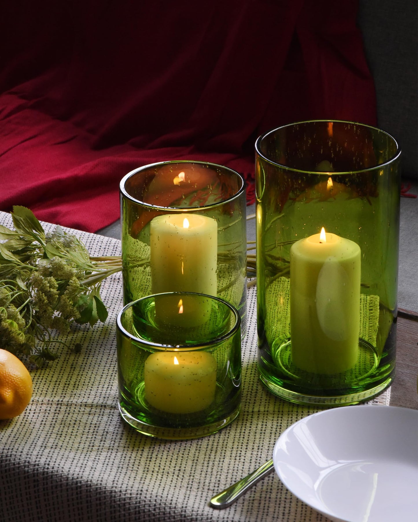 ARIAMOTION Hurricane Candle Holders Set of 3, Spring Green Glass with Seeded Bubbles, Pillar Candle Holders, Cylinder Vase Centerpieces 10" 7" 4" Height