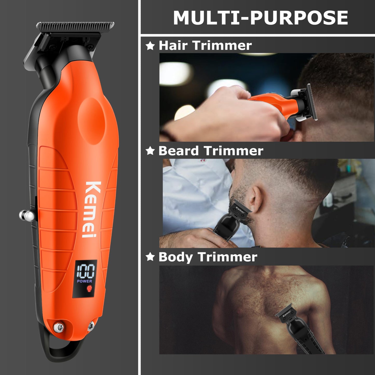 KEMEI 2293 Professional Hair/Beard Trimmer for Men Zero Gapped Hair Clippers for Barber with T Blade, Cordless Rechargeable