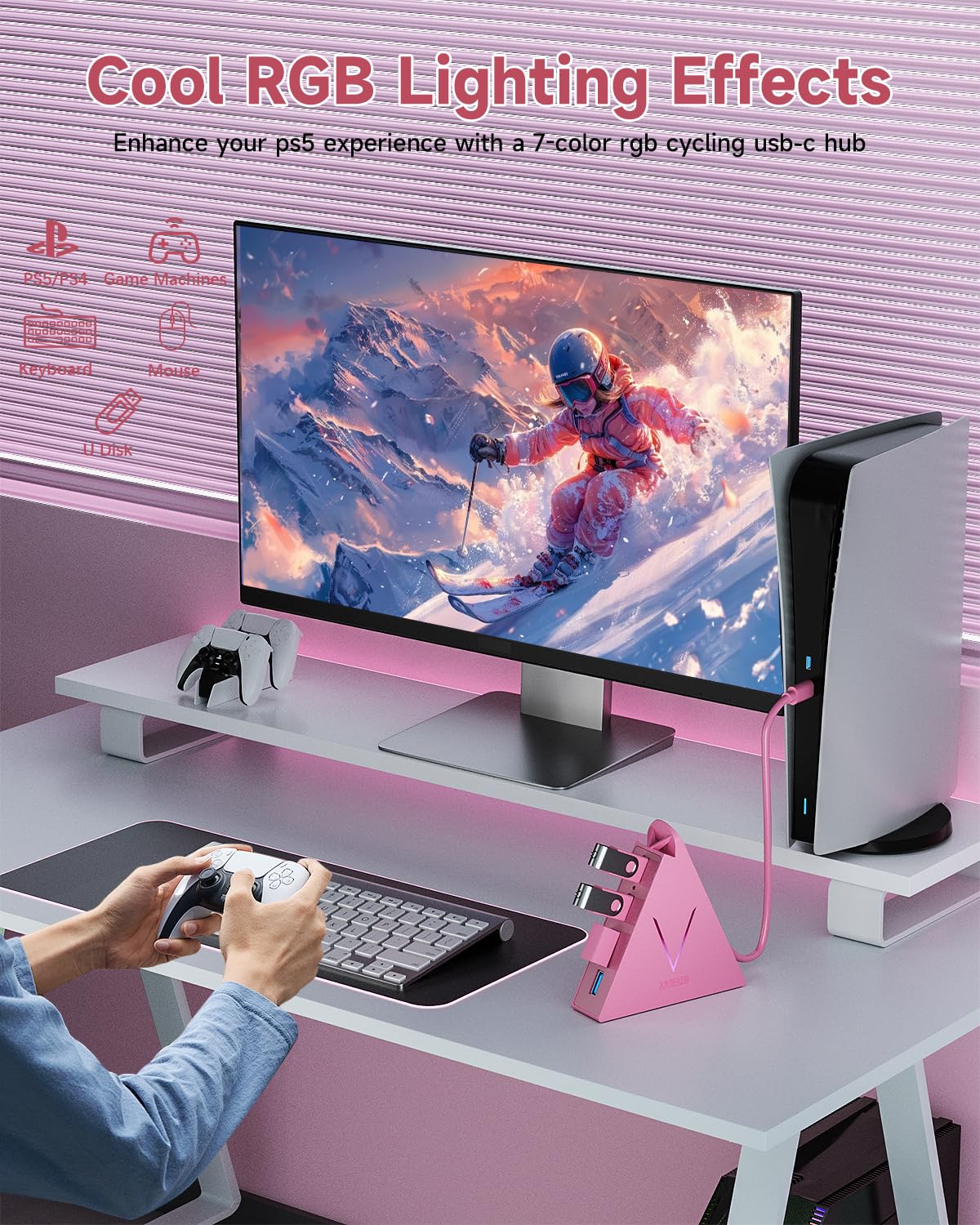4-Port USB 3.0 Hub, FlyingVHUB Vertical Data USB Hub with 2 ft Extended Cable, for Mac, PC, Xbox One, PS4, PS5, iMac, Surface Pro, XPS, Laptop, Desktop, Flash Drive, Mobile HDD(Pink)
