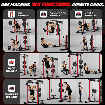 JELENS C21 Power Cage, 2000LBS Multi-Function Power Rack with Independent Dual Pulley System, All-in-One Squat Rack for Cable Crossover, Home Gym Workout Machine (Red,140LBS Black)