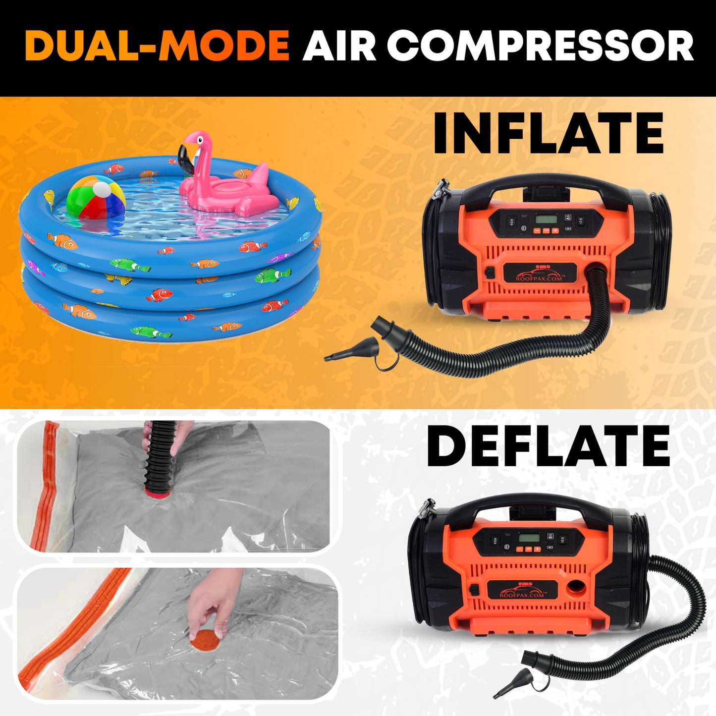 RoofPax Tire Inflator Portable Air Compressor for Car Tires 3 Power Sources AC/DC & Battery Heavy Duty Inflator/Deflator Digital Car Air Pump with Pressure Gauge 12V 110 AC 160 PSI For Car RV & Truck