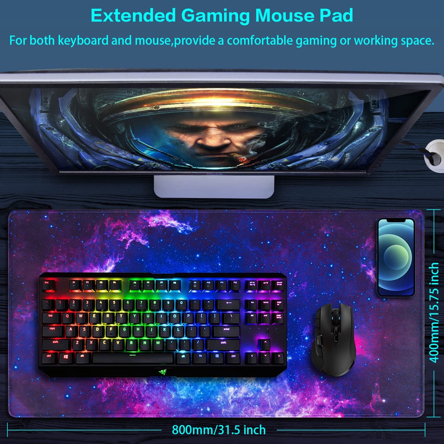Canjoy Gaming Mouse Pad, 31.5x15.7inch Large Extended Mousepad Big Computer Desk mat for Keyboard and Mouse Full Desk Mouse Mat with Non-Slip & Rubber Base