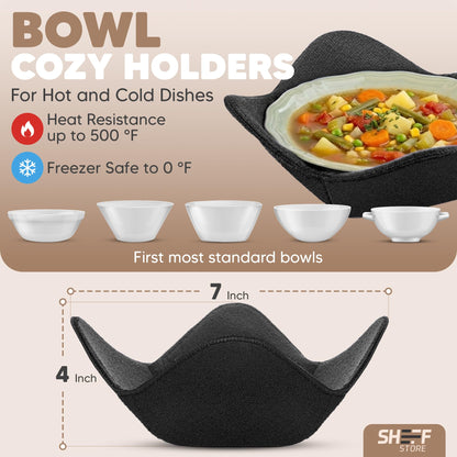 Sheff Microwave Bowl Cozy Holders Set of 4 - Durable and Reliable for Hot and Cold Plates and Dishes - Ideal Household Gift (Black, 7 inch)