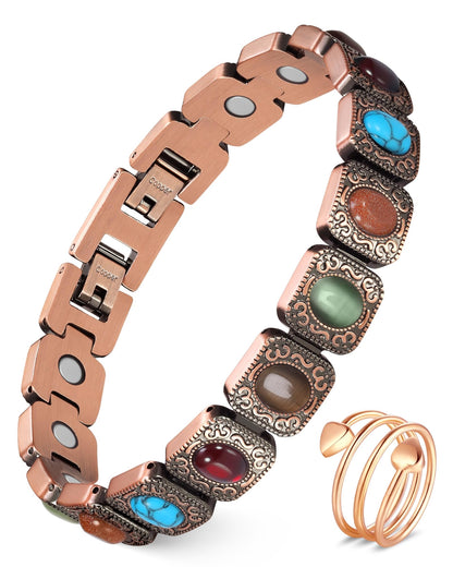 Feraco Pure Copper Bracelets & Rings for Women, Ultra Strength Magnetic Copper Bracelet with 3800 Gauss Magnets, Natural Turquoise & Stones, Adjustable Jewelry Gift
