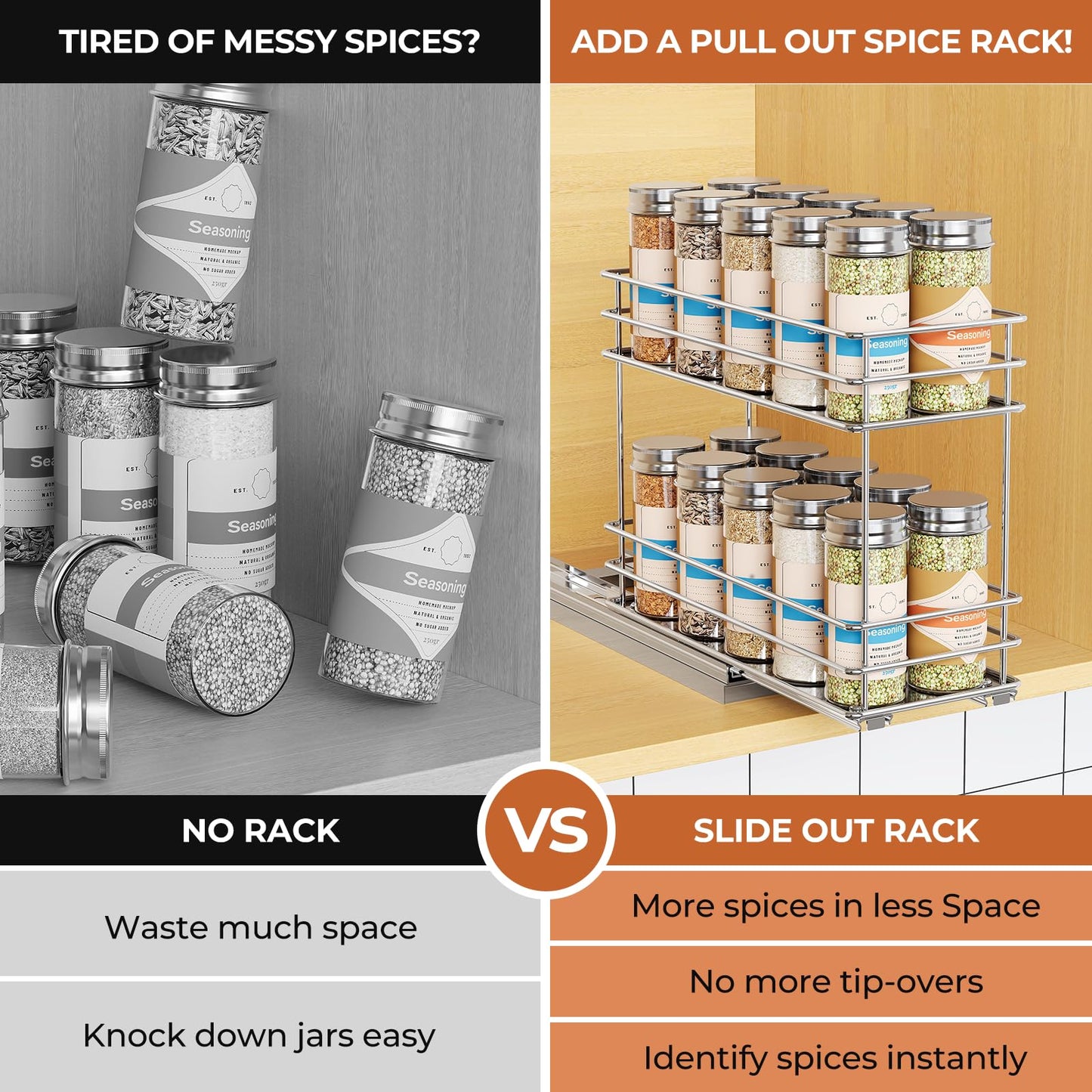 Pull Out Spice Rack Organizer for Cabinet, Slide Out Spice Racks, Easy to Install, 2.1''Wx10.35''Dx8.26''H, 3 Drawers 2 Tiers(Black)