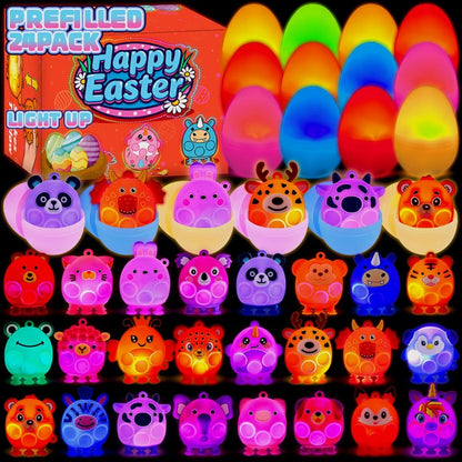 ChildFun Prefilled Easter Eggs with Light Up 3D Animal Pop Toys, 24 Pack Easter Eggs Filled, Easter Basket Stuffers for Toddler Eggs Hunt, Glow in The Dark Easter Egg, Easter Gifts for Kids