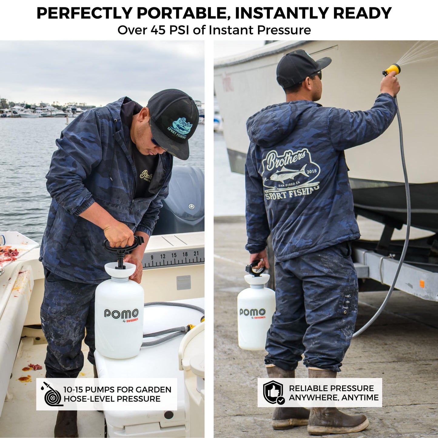 Pomo High Pressure 5L Portable Shower, Outdoor Shower, Camping Shower, Surf Rinse Kit, Beach Shower, Dog Wash, Boat Rinse, Car Shower, 1.5 Gallon Multi-use Sprayer, Hand Pump 45 PSI - No Power Needed!