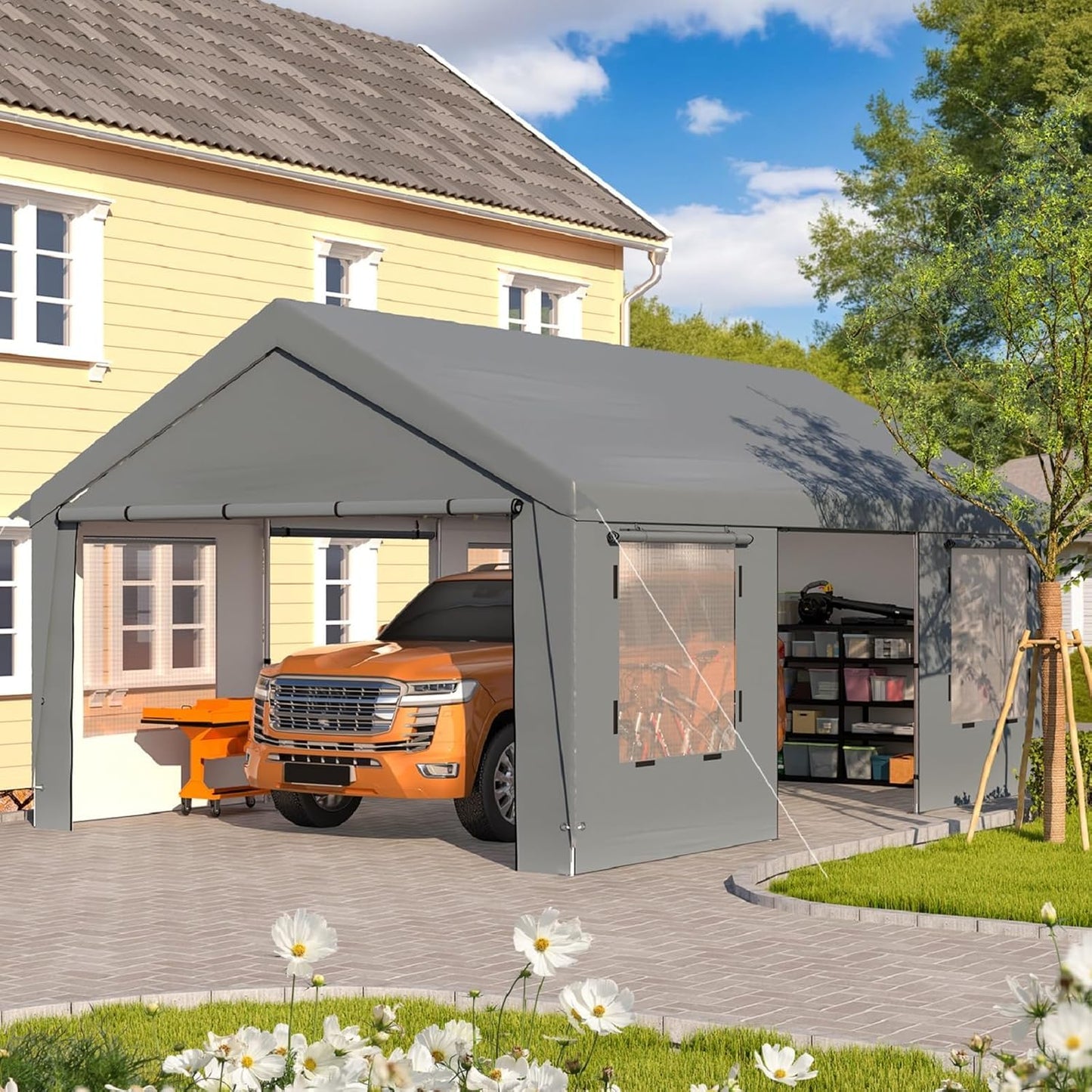 EROMMY 13x20FT Heavy Duty Carport, Portable Garage Shelter with Roll-Up Windows, Removable Sidewalls and Doors, Outdoor Storage Canopy for Car, Truck, Boat, RV, Trailer, Outdoor Gray and Inner White