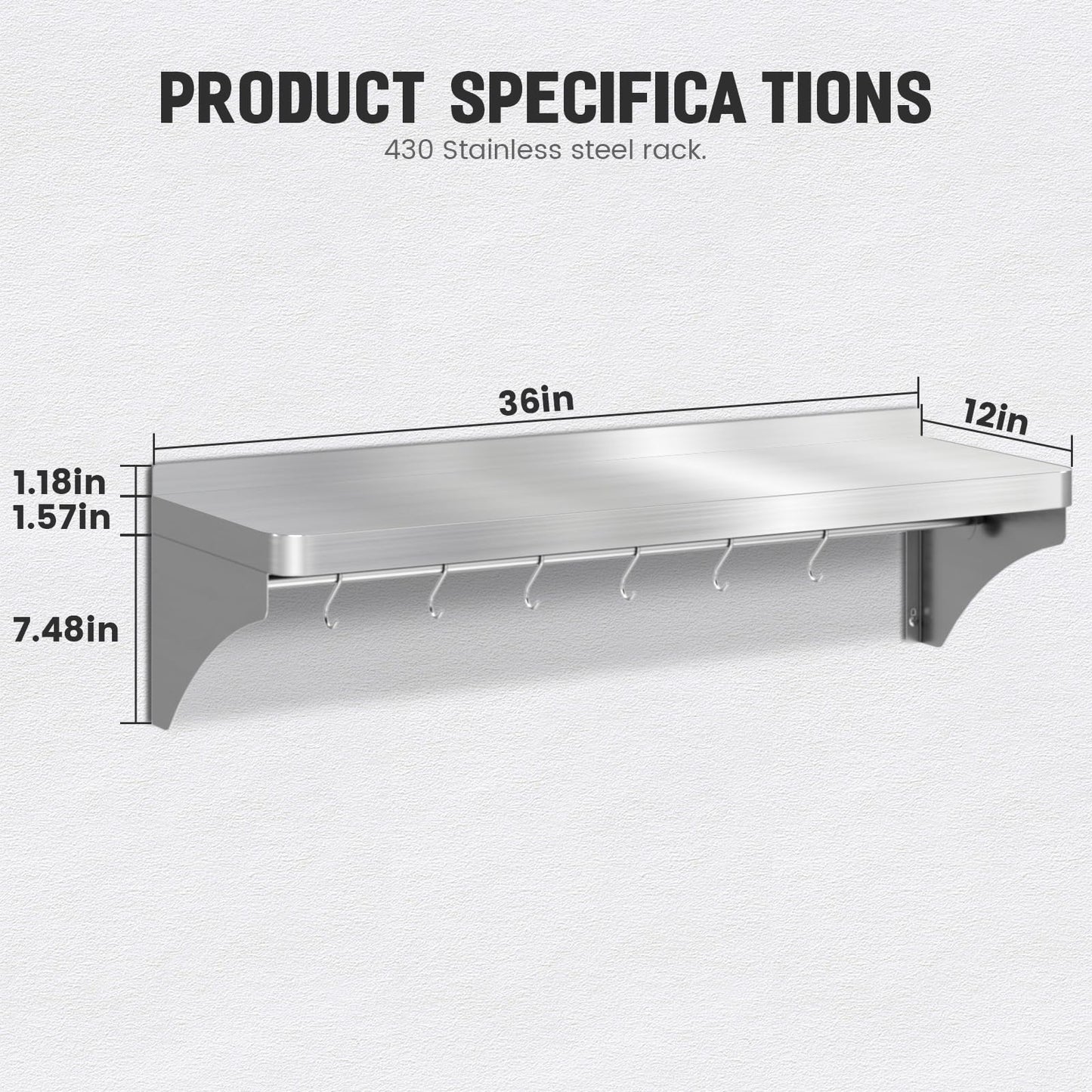 Commercial Stainless Steel Shelf 36" x 12" - 250lb Load Capacity, Heavy Duty Stainless Steel Wall Mounted Kitchen Shelf with Backsplash & 6 Hooks for Restaurant, Laundry