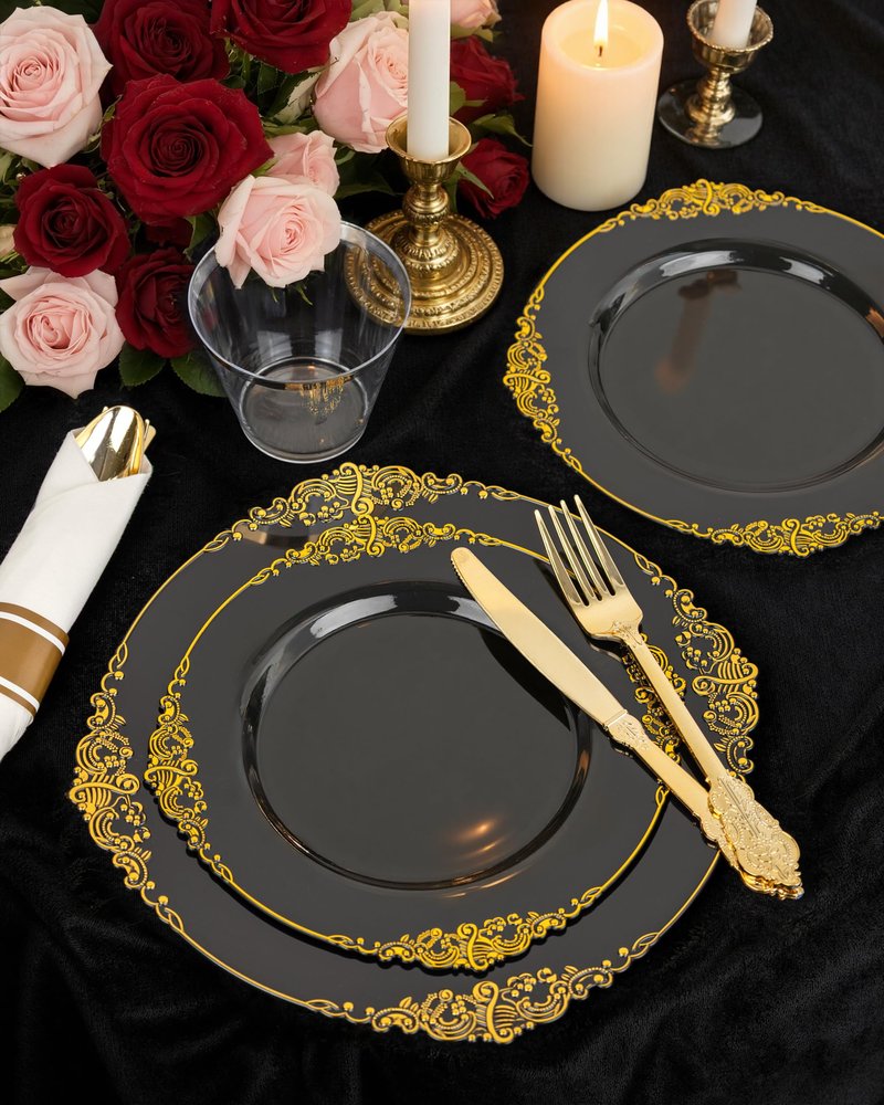 Nervure 175PCS Black Plastic Plates - Disposable Black Gold Party Plates & Pre Rolled Napkins with Cutlery for 25 Guests, 50Plates, 75Silverware, 25Cups, 25Napkin for Wedding & Party