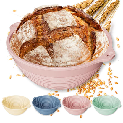 4-Pack Silicone Banneton Bread Proofing Baskets for Sourdough, 9 Inch Round Proofing Bowls with Handles, Built-In Reinforced Rim Support, Foldable, Oven & Dishwasher Safe, BPA Free