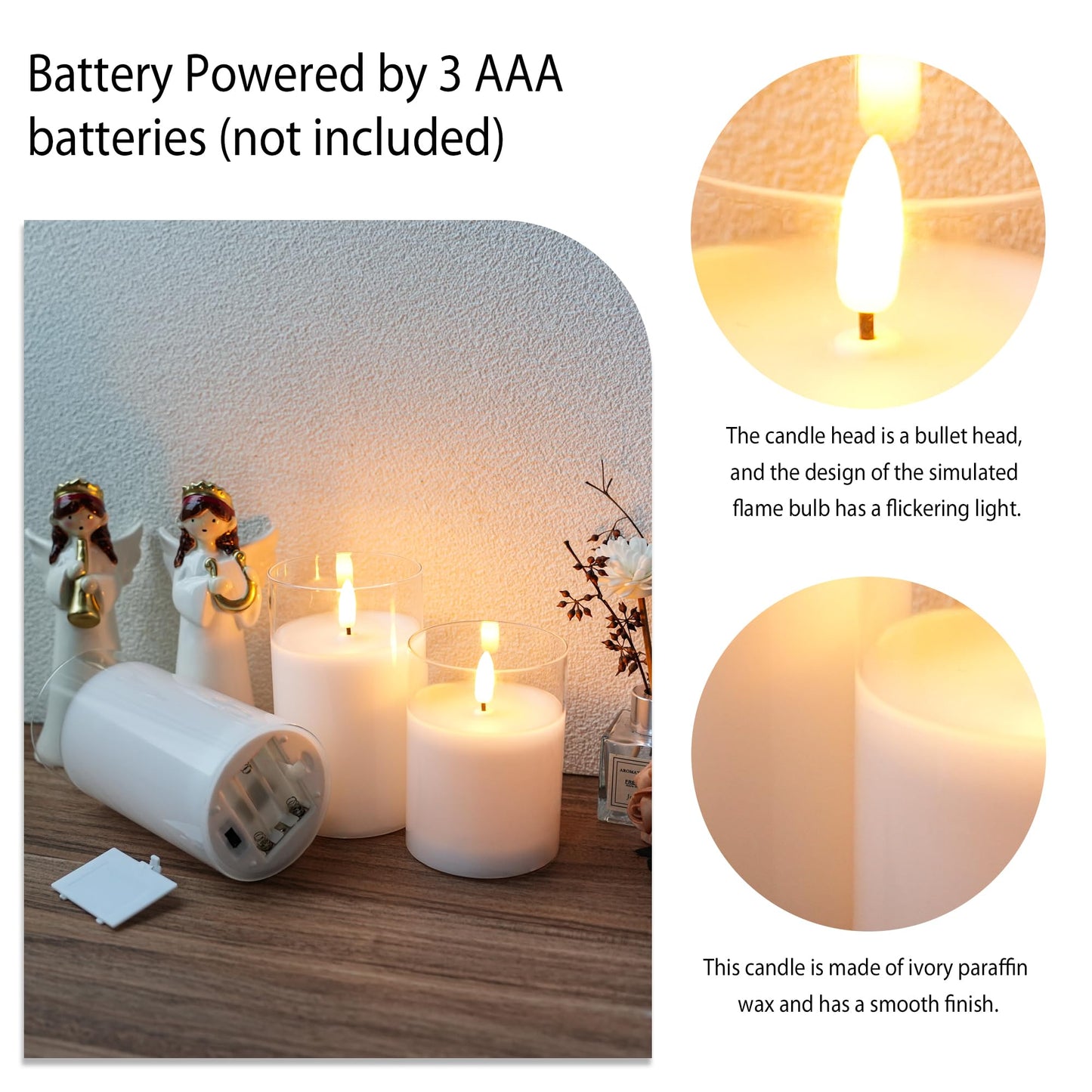 JHY DESIGN Set of 3 Glass Wax Flameless Candles 3D LED Candles White Wax Flickering Battery Candles with 8-Key Remote Control Timer for Home Wedding Party Christmas(Pivoted Flame-Shaped Tip)