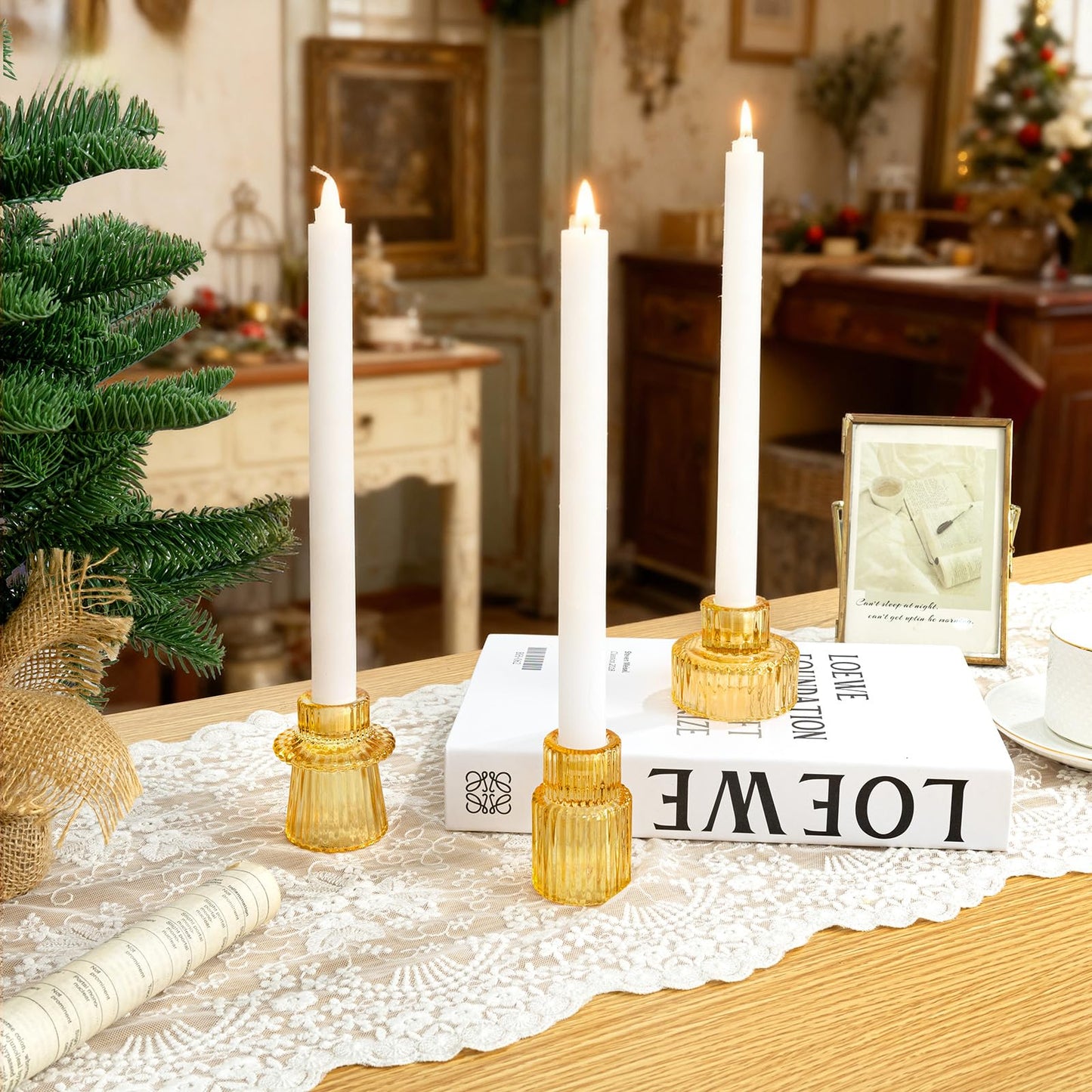 WELLIFE 3 Pcs Amber Glass Candle Holder, Taper Candle Holder, Amber Glass Candlestick Holder for Party, Wedding Decorations, Table Centerpieces and Thanksgiving