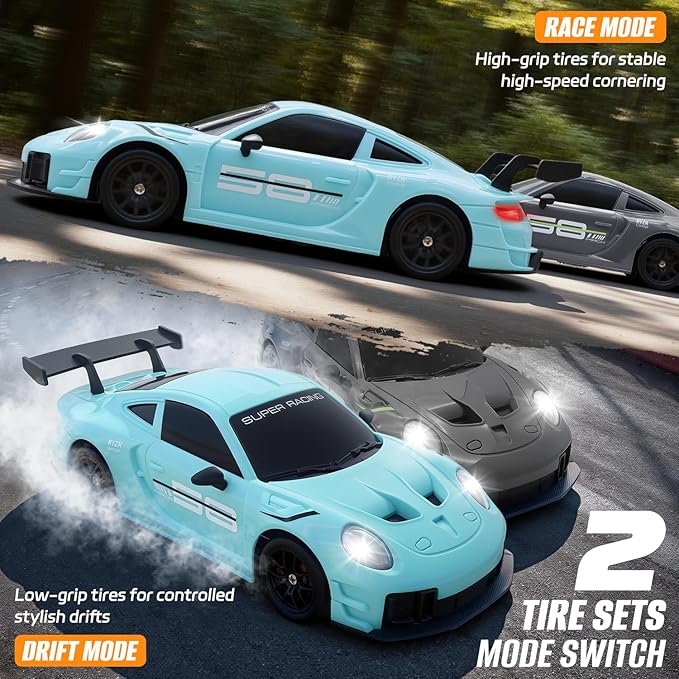 RC Drift Car 1:24 4WD Remote Control Cars Vehicle with LED Light2.4GHz 20KM/H High Speed RC Cars with Two Batteries &amp Drifting Tires Racing Sport Toy for Adults Boys Girls Kids Blue