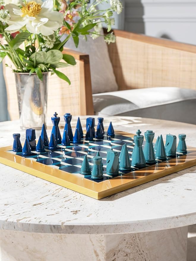 Printworks Lacquered Chess – Athena – Multi-Color Wooden Chess Set with Solid Wood Board – Elegant Coffee Table Game for Adults – Multilingual Instructions Included