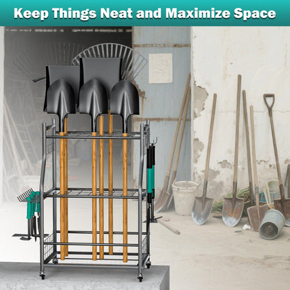 EVERHANGER Garden Tool Organizer Stand, Garage Tool Storage Organization, Yard Tool Racks with lockable wheels, Fit for Long-Handled Tools/Rakes/Brooms, Indoor/Outdoor Use