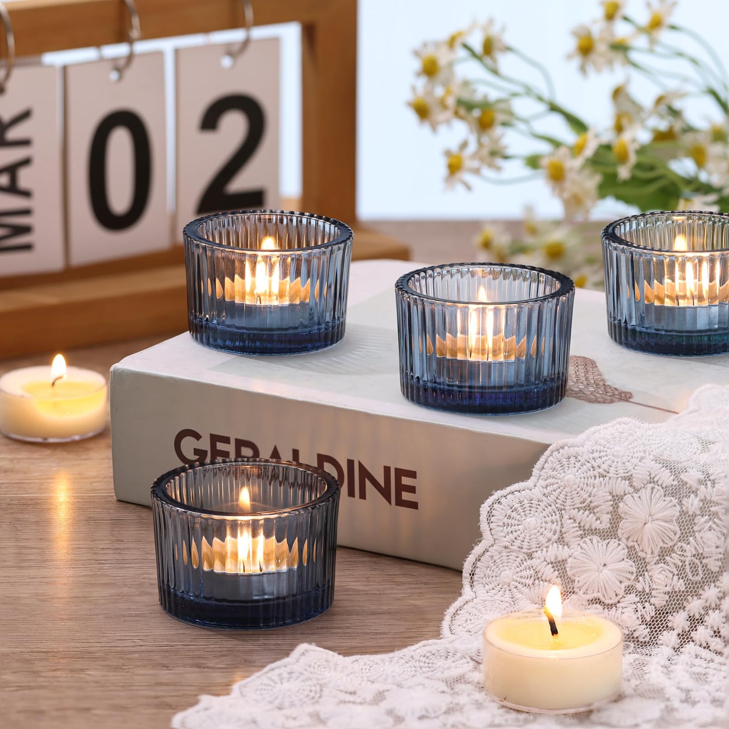 NITIME 30Pcs Blue Tealight Candle Holder, Ribbed Votive Candle Holders Glass with 32pcs Tea Light Candles for Wedding Decor, Home Decor and Party Decor