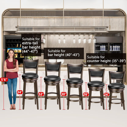 PrimeZone Swivel Bar Stools Set of 2, 24 Inch Counter Height Barstools, Black Faux Leather Bar Stool with High Backrest & Solid Wood Legs & Wrap-around Footrest, Counter Stools for Kitchen Island, Pub