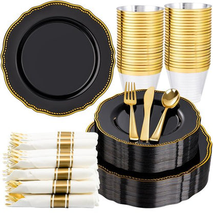 Hioasis 175pcs Black and gold Plastic Plates - Gold Plastic Dinnerware Set Includes 25 Dinner Plates, 25 Dessert Dinnerware, 25 Cups, 25 Napkins Perfect for Wedding & Party
