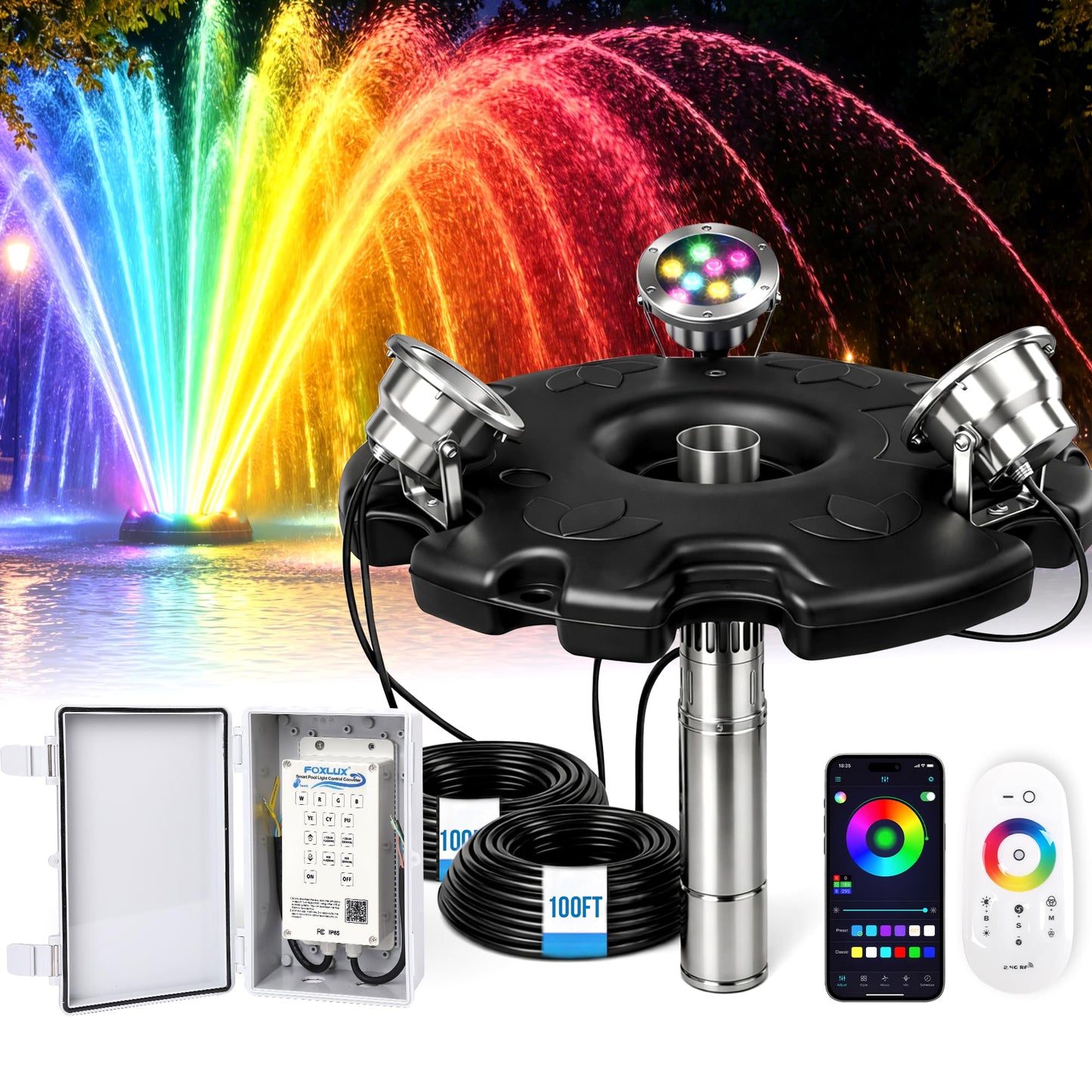 2HP Pond Fountain Aerator with 3 RGB LED Lights, 120V 30000 GPH Floating Water Pump, Automatic Aerating Pump for Large Ponds, Lakes, and Outdoor Water Features, with Controller, APP & Remote Control