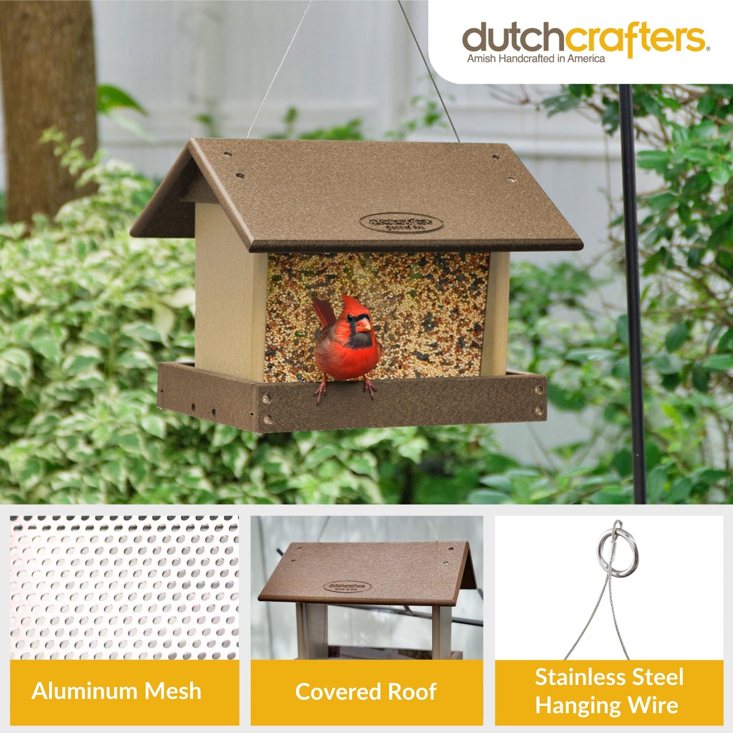 DutchCrafters Poly Hanging Hopper Bird Feeder, Large Hanging Bird Feeder for Outside, Outdoors - Amish American Made (Tudor Brown & Weatherwood)
