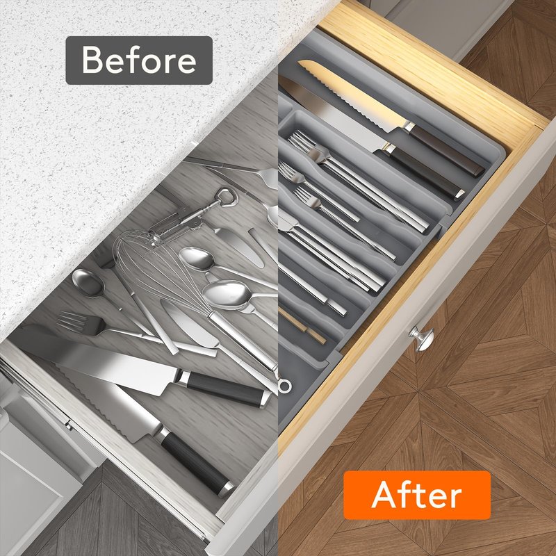 Lifewit Silverware Drawer Organizer, Expandable Utensil Tray for Kitchen, BPA Free Flatware and Cutlery Holder, Adjustable Plastic Storage for Spoons Forks Knives, 33 -57 x 42cm, Gray