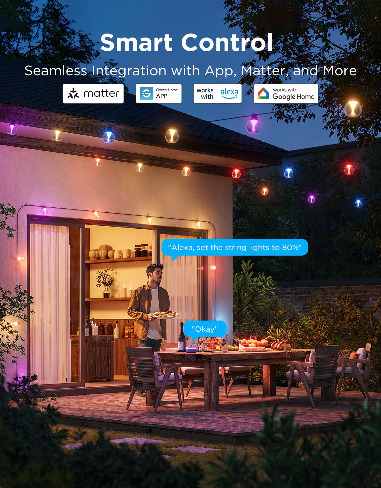 Govee Outdoor Clear Bulb String Lights, 48ft RGBWIC Outdoor Lights with 15 Dimmable Warm White LED Bulbs, 111 Scene Modes for Patio, Backyard, IP67 Waterproof, Works with Alexa, Google & Matter