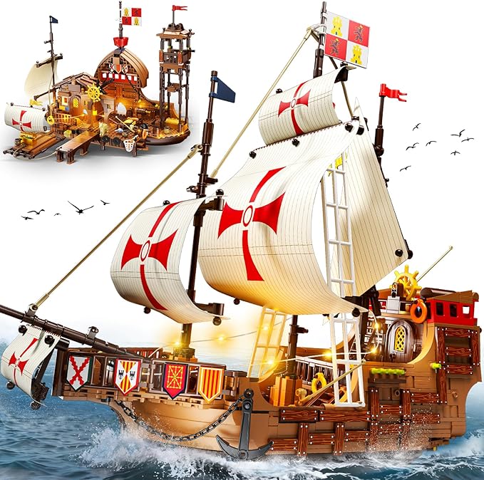 Santa Maria Ship Building Set with LED Lights 2 in 1 Pirate Ship House Wharf Building Block Kit 1253 PCS Adventure Merchant Ship Model Building Toy Gift for Adults Teens Boys Girls Ages 12+