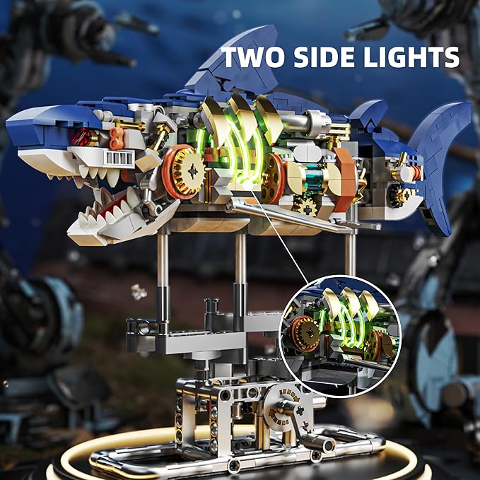 687-PCS Mechanical Shark Building Set with LED Light Movable Linkage Gears Display Stand - Ocean Building Block Toy for Adults Teens Kids Age 12+