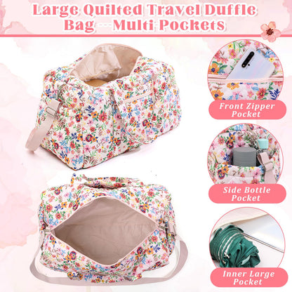 Dansydaisy Large Quilted Travel Duffle Bag for Women Floral Portable Gym Weekender Bag with Zipper Pockets Workout Grocery Pouch Duffle Gift Pouch for Work(Pink Floral)