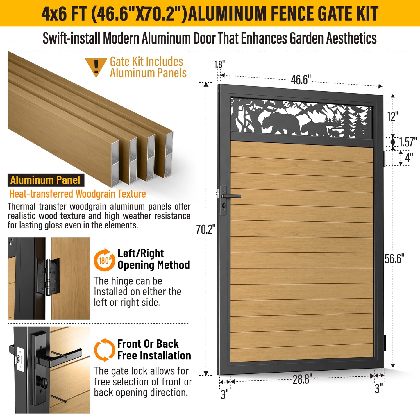 Brukid 4x6 FT Aluminum Fence Gate Kit Wood Grain Aluminum Gate with Decorative Cutout, Lock & Hinges, Left/Right Opening, Weather Resistant for Yard Garden Patio