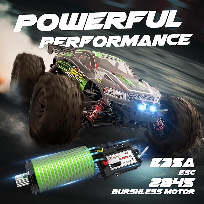 Hosim 2845 Brushless 60+ KMH 4WD High Speed RC Monster Truck 1:16 Scale RC Car All Terrain Off-Road Waterproof 2.4GHZ Hobby Grade Remote Control Vehicle for Adults Children(Green)