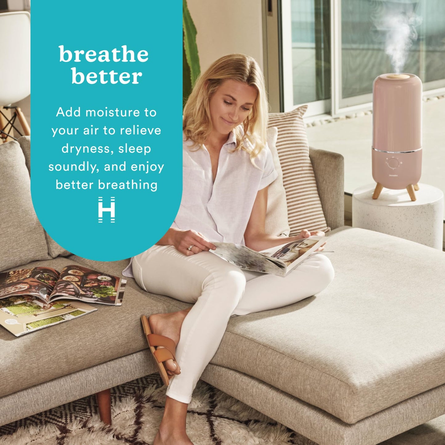 Homedics Ultrasonic Humidifier, Bedrooms and Home Offices, 0.97-Gallon Tank, 45-Hour Runtime, Visible Ultra-Quiet Cool Mist, Aromatherapy, Demineralization Cartridge, Night-Light, Auto-Off, White