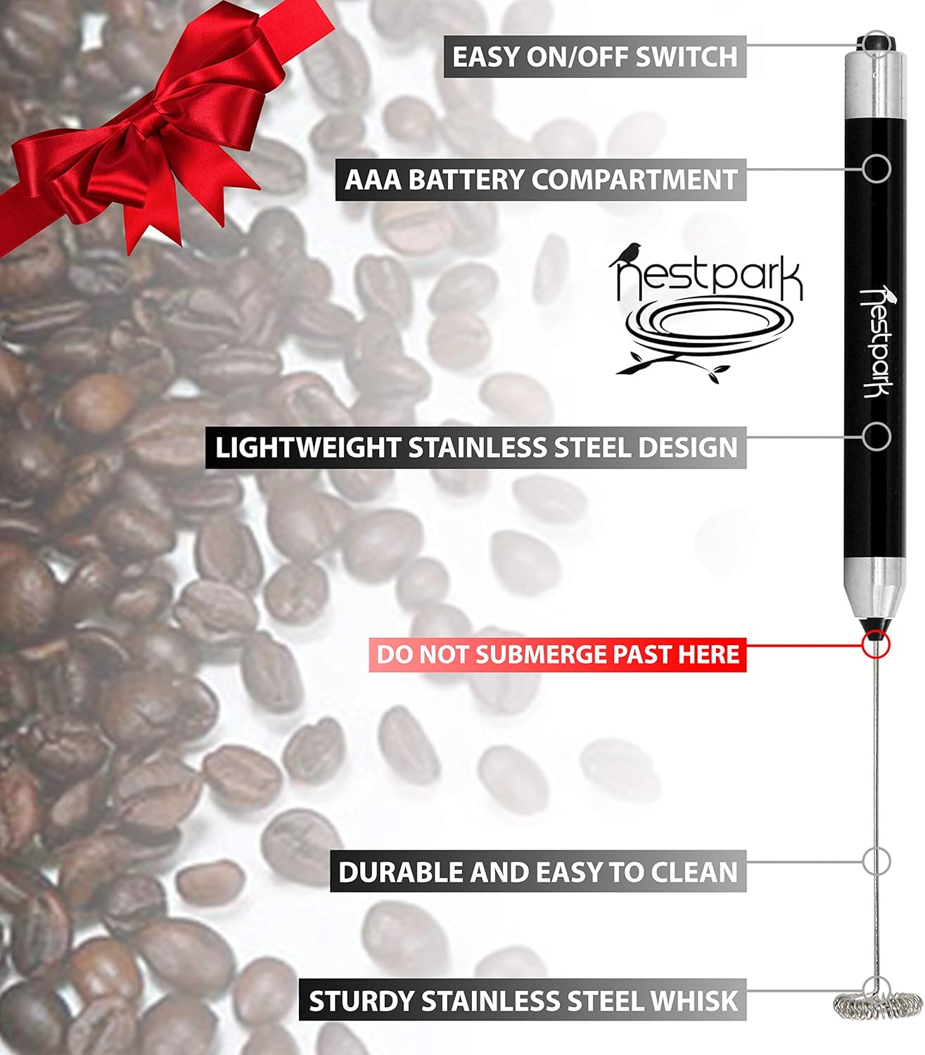 Nestpark Portable Drink Mixer Small Handheld Electric Stick Blender - Cordless and Battery Operated Bulletproof Keto Coffee Blender