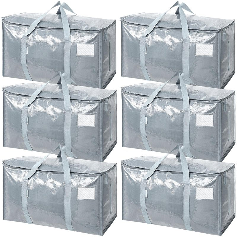 TICONN 6 Pack Extra Large Moving Bags Heavy Duty with Zippers & Carrying Handles, Durable Storage Bags Moving Boxes for Closet Organizers and Storage (6 Pack, Light Grey)