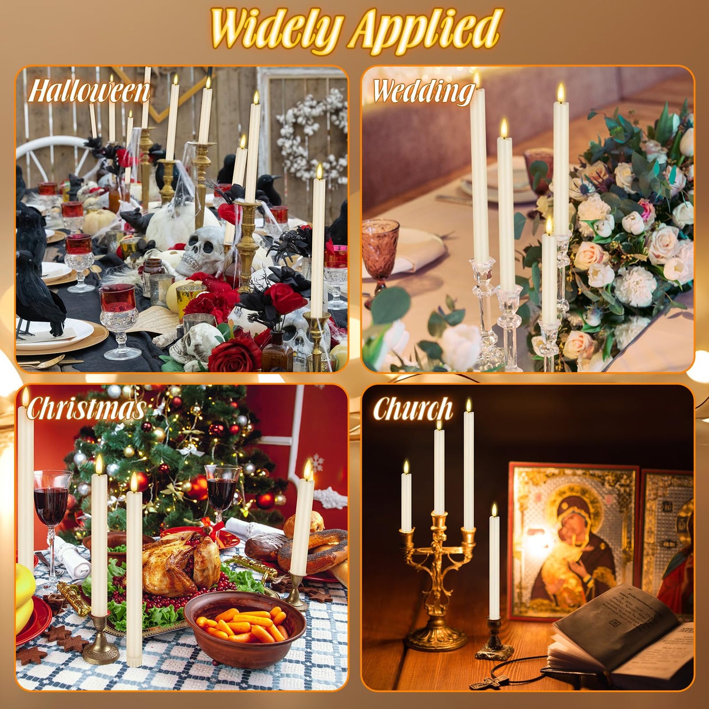 Rossesay 20 Pcs Flameless LED Taper Candles Battery Operated Taper Candles 5 Sizes of 6.5'', 7.7'', 8.8'', 10.0'', 11.2'' Flameless Candlesticks Flickering with 3D Flame for Wedding(Ivory White)