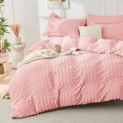 HYMOKEGE King Size Comforter Set - Luxury Rose Pink Seersucker 7-Piece Bedding Set with Sheets & Pillowcases